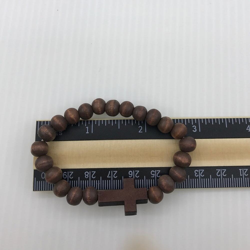 Dark Brown Wooden Lenten Beaded Cross Religious Stretch Bracelet - Picture 4 of 4